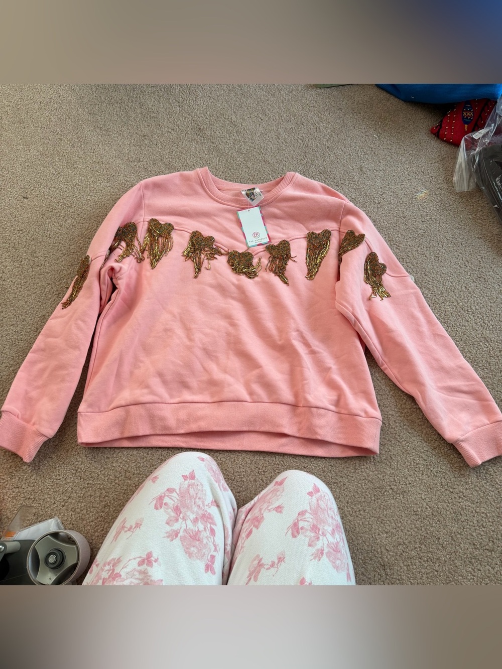 Queen of sparkles pink rhinestone fringe heart embellished sweatshirt crew
